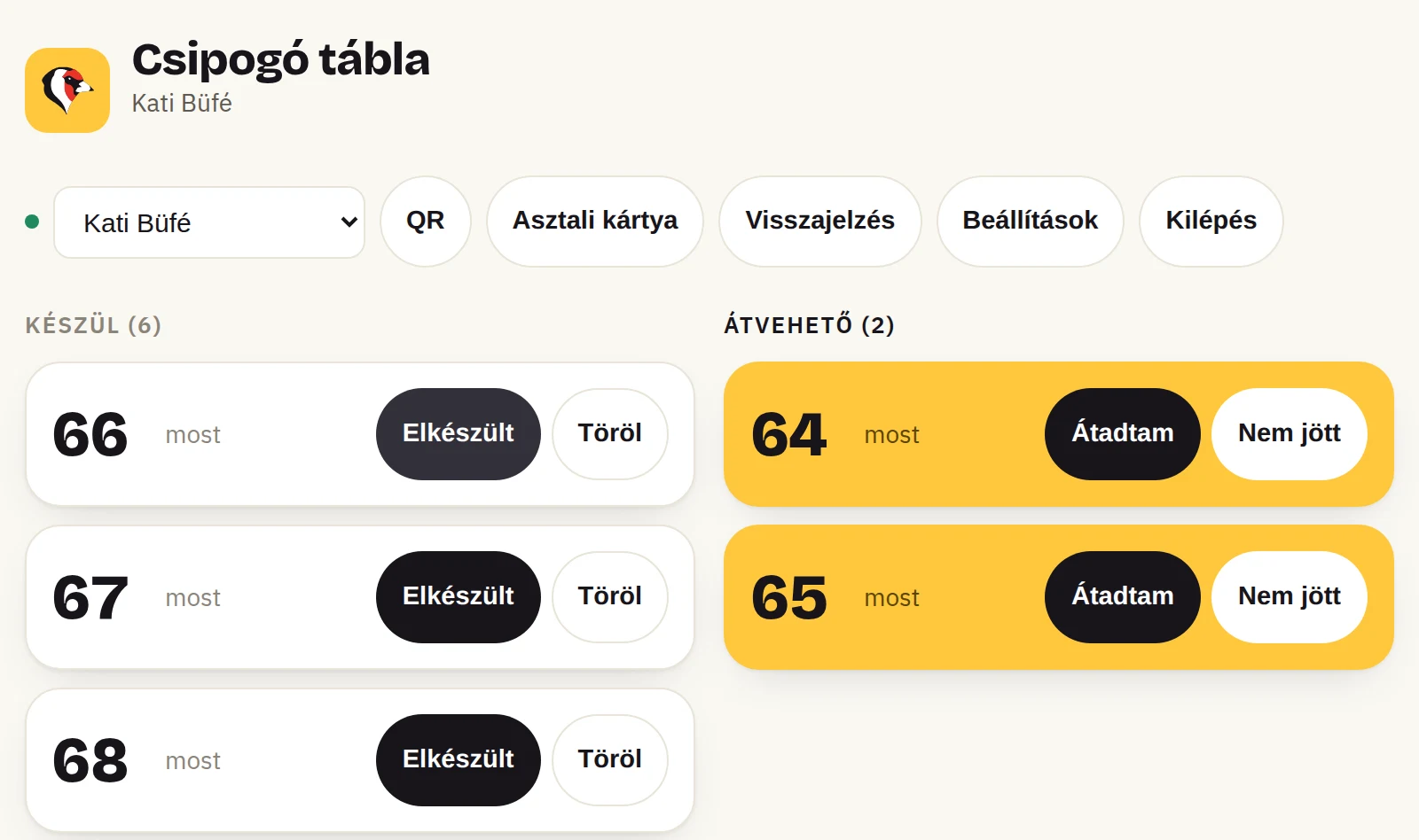 A pult táblája: Új, Készül és Átvehető sáv, hívószámokkal és Készül / Kész — hívom / Átadva gombokkal